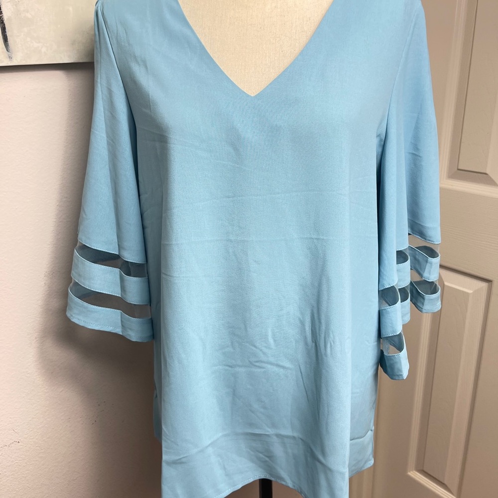 V neck blue bell sleeve with sheer detail blouse